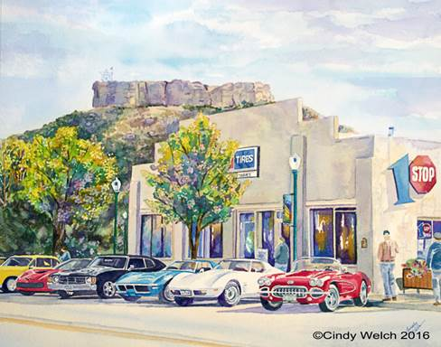 Watercolor painting of classic cars parked along historic Downtown Castle Rock with The Rock formation in the background, promoting the Classic Rock Cruise-In Car Show Weekend
