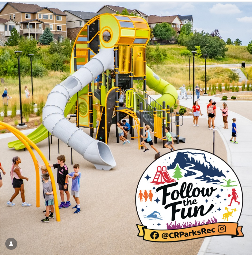 Castle Rock Parks and Recreation 'Follow the Fun' Facebook page launch graphic featuring a community playground
